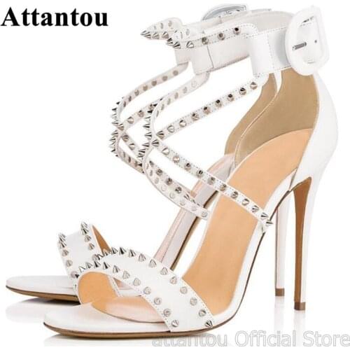 Fashion Silvery Rivet Cross Straps Women Thin High Heel Sandals Beauty White Leather Summer Party Shoes