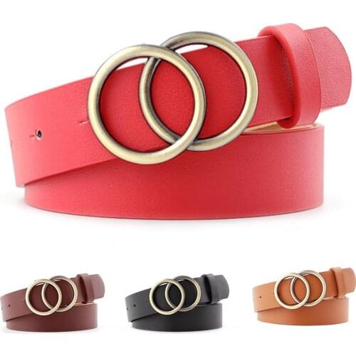 Fashion Women Faux Leather Adjustable Double Round Buckle Waist Belt Waistband