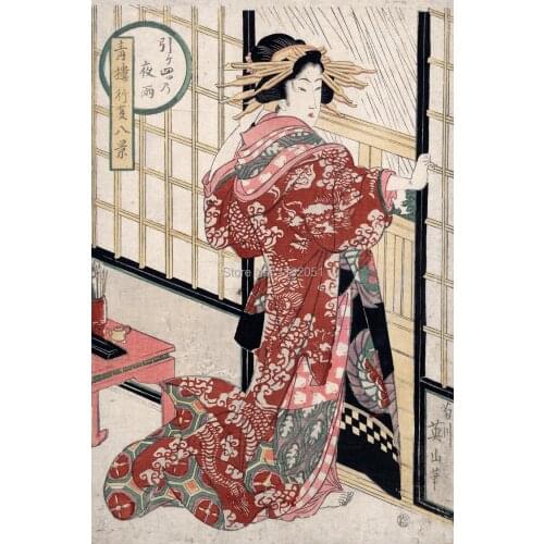 Portrait poster canvas painting Japanese traditional art geisha beauty rain night by Kikugawa Eizan mural prints decorative art