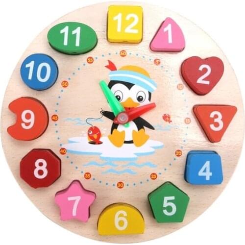 2019 New Digital Clock Geometry Blocks Wooden Cartoon Penguin Teaching Time Number Toy for Kids