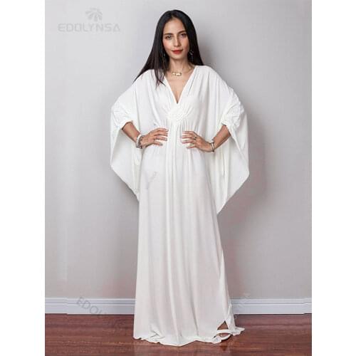 2021 Solid V-neck Batwing Sleeve Plus Size Loose Maxi Dress For Women Summer Beach Wear Kaftan Long Bathing Suit Cover Up Q1306