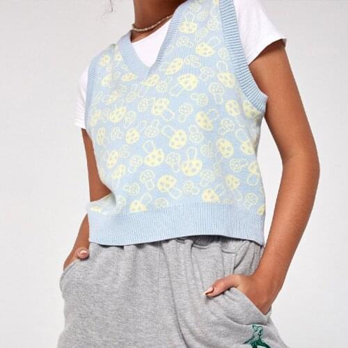 Autumn Knitting Floral Print Vest Sweater For Women Cardigan Sleeveless Long Sleeve Female V-neck Knit Sweet 2021 Korean Style