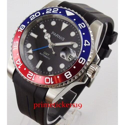 Parnis GMT function with magnifier black dial rubber strap stainless steel watch case automatic watch men