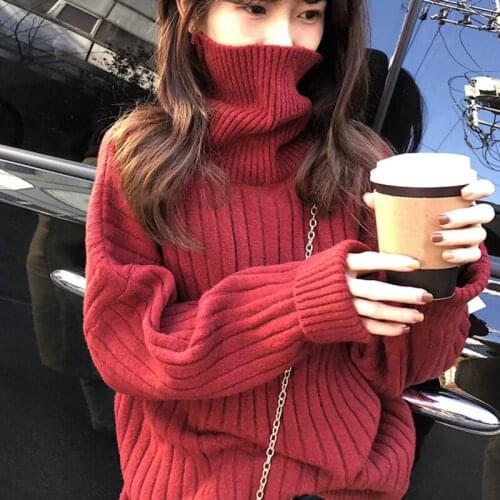 New Winter Women Chic Simple Solid Color Turtleneck Pullovers Casual Warm Knitting Jumpers Sweaters Ladies Basis Loose Tops A016