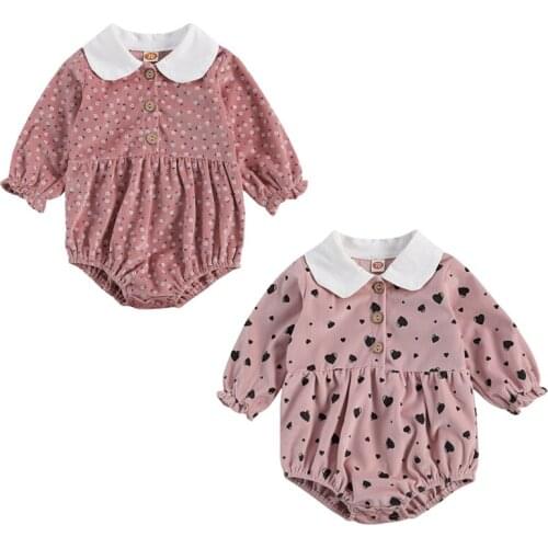Toddler Baby Girls Long Sleeve Corduroy Romper, Doll Collar Cute Print Single Breasted Decoration Tightness Spring Clothing