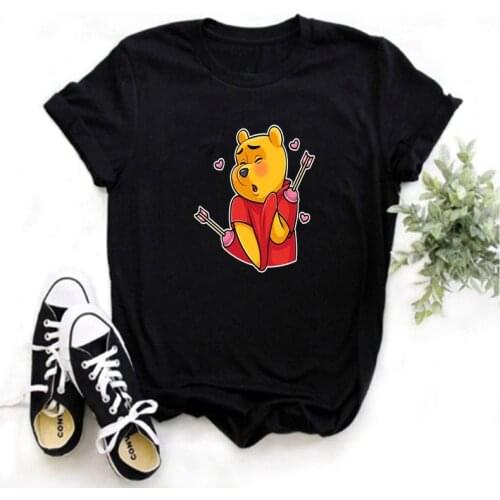 Mayos Womens T-shirt Cute Bear Cartoon Print Sports T-shirt Womens Harajuku O-neck Short Sleeve Urban Fashion Top