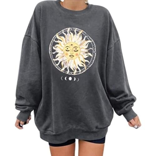 Women Long Sleeve O-Neck Sweatshirt Vintage Sun Moon Graphic Pattern Print Tunic Tops Oversized Loose Pullover Shirts