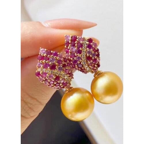 D526 Pearl Earrings Fine Jewelry 925 Sterling Silver 10-11mm Nature Fresh Water Golden Pearls Drop Dangle Earrings for Women