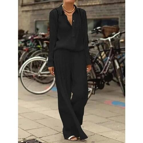 Women Two-piece Set Single Breasted Shirt Long-sleeve Lapel Solid Blouse Loose Wide Leg Pants Elegant Office Lady Suits Outfits