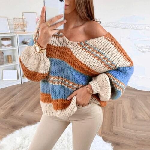 Striped Print Sexy V-neck Plus Size Winter Clothes for Women Knitted Sweaters Long Sleeve Casual Streetwear Girls England Style