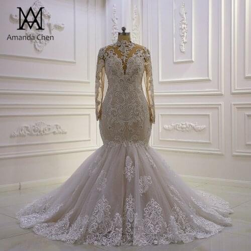 Vestido novia civil High Neck Long Sleeve Lace Appliques Mermaid Wedding dress