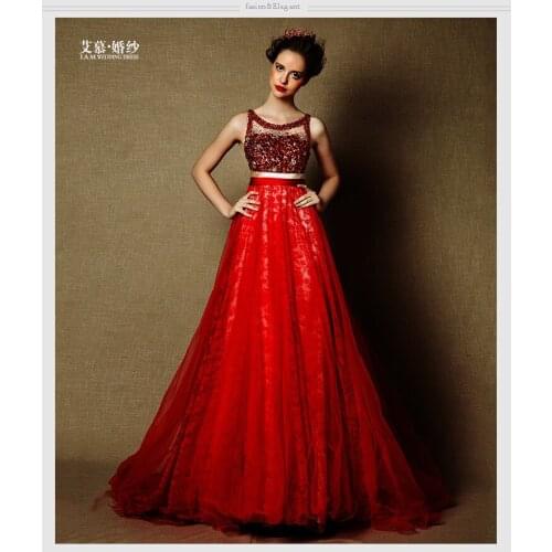 Robe de soiree vestido de festa A-line long Prom gown Formal red lace luxury crystal sexy see through beaded bridesmaid dresses