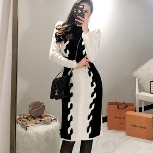 2020 Fashion Elegant Long Knitted Sweater Dress Winter Women Knit Slim Bodycon Dress Ruffles Patchwork Thick Pullover Dress