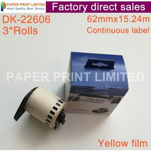 3 Refill Rolls Compatible DK-22606 Label Yellow Film Coated 62mm*15.24M Continuous Compatible for Brother Label Printer DK-2606