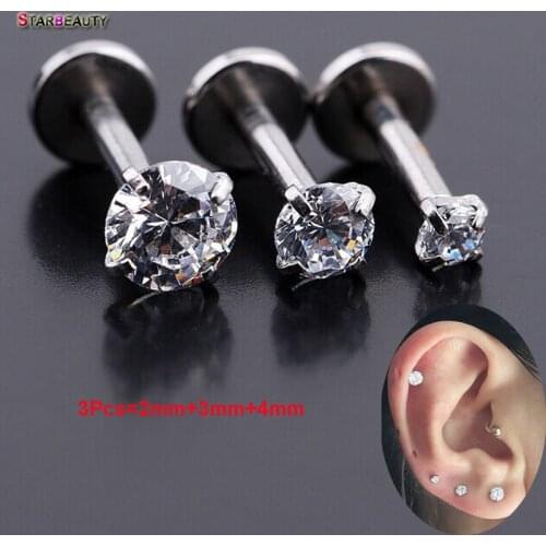 3Pcs(2mm/3mm/4mm) 16Gx6mm White Zircon Gem Bar Lip Piercing 16 Gauge Fake Lip Piercing Earrings Rings Jewelry Women Men