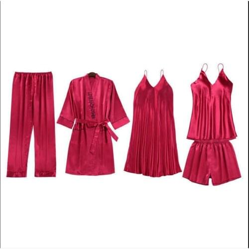 671b1-2Five-Piece Pajamas Womens Summer Ice Thin Silk Suspender Shorts Suit Sexy Printed Tape Chest Pad Nightdress Home Wear