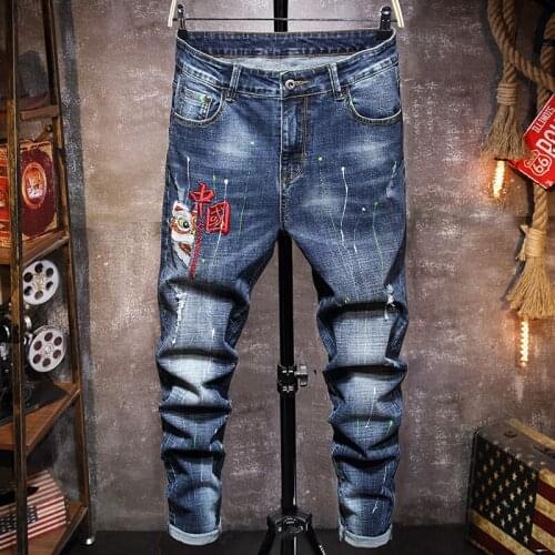 New Mens Embroidered lion Chinese characters jeans Skinny Jeans splash ink Denim Pants MAN Jogging Denim Trousers 28-38