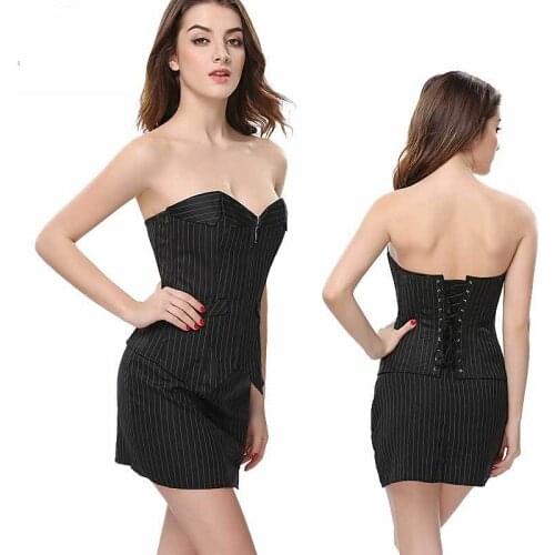 Elegant Striped Corset Dress Set Front Zipper Closure Corset with Skirt Office Ladies Black XL Corset Womens