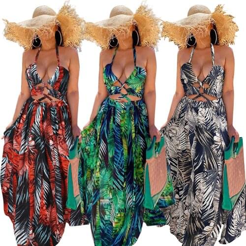 Zoctuo Summer Dress For Girls Fashion Print Hollow Out Boho Club Dresses Women Party Halter Lace Up Sexy Slim Casual Maxi Dress