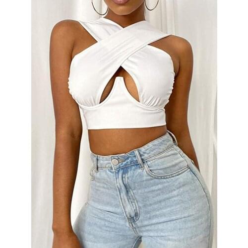 Summer 2021 New Womens Sexy Criss Cross Tank Tops Fashion Sleeveless Solid Color Cutout Front Crop Tops Brown/Black/Grey/Purple