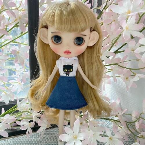 Blyth Doll Clothes Fashion Set，Kitten White Top Denim Skirt for Blyth Azone OB23 OB24 1/6 doll accessories