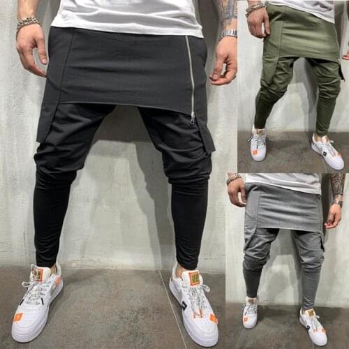 Men running jogging pants spring autumn fitness training sports trousers personality leisure two-layer sweatpants pencil pants