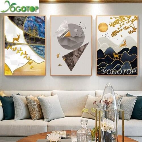 Nordic Geometric Landscape Abstract Golden Sun Deer Diy 5d Diamond Painting Full Drill mosaic Diamond Embroidery 3 piece ML1387