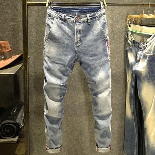 New 2021 light-colored Denim jeans mens slim stretch young feet pants mens Korean style brand washed mens pencil pants