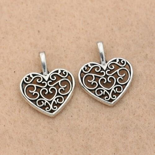 KJjewel Tibetan Silver Plated Hollow Heart Charms Pendants for Necklace Bracelets Jewelry Making Accessories 15mm