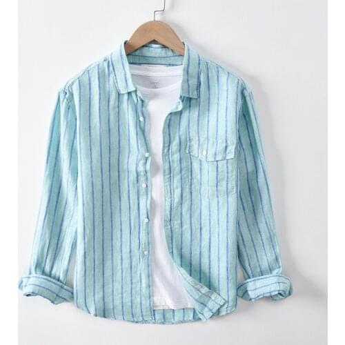 Spring Fall Linen Fabric Long Sleeve Striped Lapel Shirts Men Slim Thin Classical Business Casual Breathable Comfortable Blouses