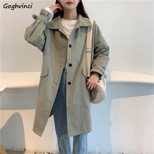 Trench Coats Women Solid Turn-down Collar Long Outwear Females Windbreaker Solid Loose Fashion Students Spring Fall All-match BF