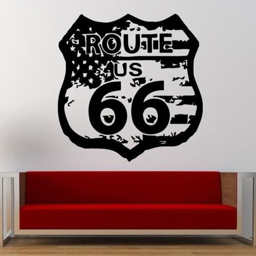 Vinyl Wall Sticker Route 66 Road Sign United States Flag Vintage Wall Decal for Bedroom Room Home Decor Removable Decals C408