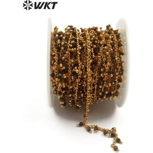 WT-RBC095 Natural Tiger Eye 3mm Beads Chain Brown Color Round Shape Gem stone With Brass Wire Wrapped For Women DIY Necklace