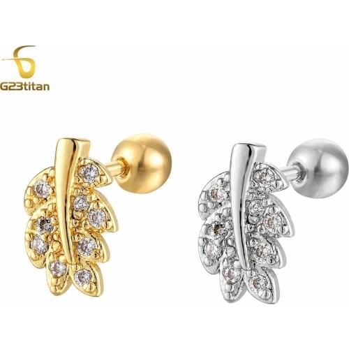 G23titan Leaf Stud Earrings Women’s AAA Zircon Ear Cartilage Tragus Helix Lobe 16G Titanium Piercing Girl Body pierce Jewelry