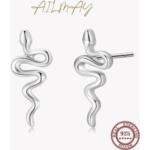 Ailmay Personality 100% 925 Sterling Silver Snake Studs Punk Earrings For Women Girls Party Trendy Accessories Jewelry