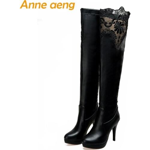 Winter Women Over-The-Knee Boots High Thini Heels Round Toe Slip-On Lace Sexy Ladies Women Shoes Black Thigh High Boots Big Size