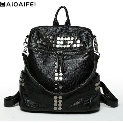 CAIOAIFEI vintage soft washed PU leather women backpack rivet thread female travel casual rucksack student school backpack black
