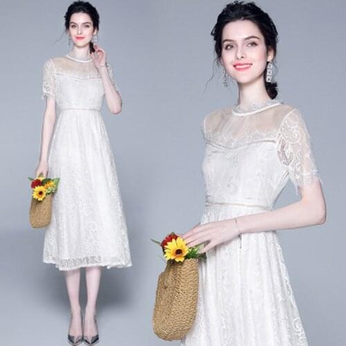 Woman summer long knee-lenght dress women elegant dress and ladies dress O-Neck Vintage lace dress for women