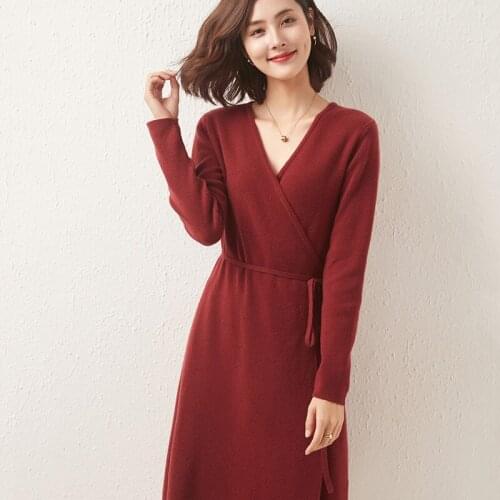 2021 Winter Womens 100% Cashmere Sweater And Dress Knit Aunty High-quality Warm Over-the-knee Pullovers Long Cardigan Dresses
