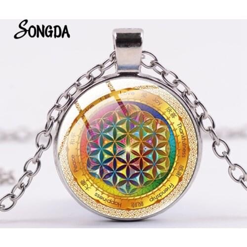 Flower of Life Glass Cabochon Pendants Necklaces for Women Sacred Geometry Buddhist Piritual Jewelry Silver Color Link Chains