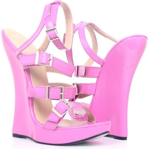 2019 Women Sandals Pink 18CM Super High heel Wedge Sole Platform Sexy Fetish Ankle Strap Pumps Unisex Shoes Plus Size