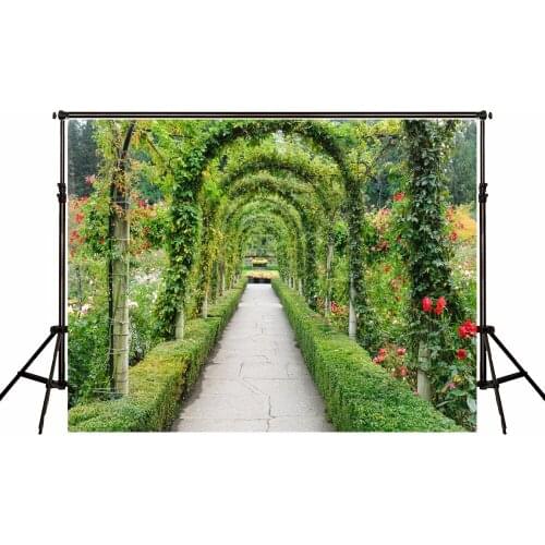 5x7ft Photo Backgrouns Grass Flowers Door Arch Path Lawn Yard Green Forest Photography Studio Backgrounds Wedding Photo Shoots