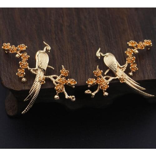 6pairs Brass Casted Phoenix on Winter Flower Branch Charms Pendant Connector High Quality Gold Color For DIY Jewelry Accessories