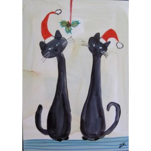 Abstract Animal Painting for Kids Room Home Decor Art Canvas Oil Painting Black Cats Mistletoe Christmas Hats by L Kohler