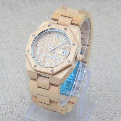 Swiss Movement Natural Maple Octagon Wooden Men Women Calendar Wood Watch