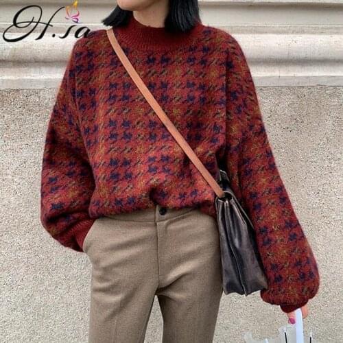 H.SA Winter Womens clothing 2021Retro Red Plaid Sweater Pullovers Oneck Lantern Sleeve Oversized Chic Sweater Tops Spring Pull