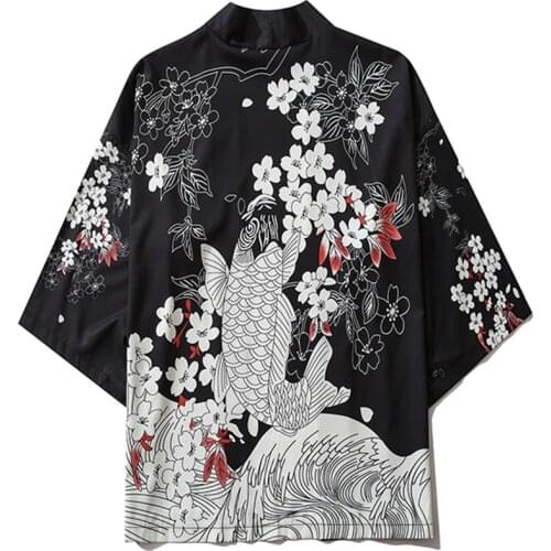 Long Yukata Haori Men Fish Carp Print Japanese Cape Kimono Cosplay Cardigan Women Costume Clothing Jacket Kimono Shirt 3XL 4XL