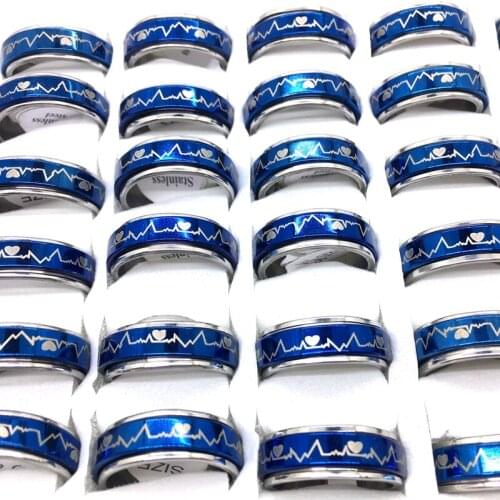 MixMax 36pcs Mens Womens Rings 6mm Blue Heartbeat Spin Stainless Steel Ring Couple Jewelry Wholesale Lot