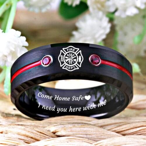 Firefighter Design Fireman Rings Fire Police Ring Mens Black Tungsten Ring With Red Groove CZ Anniversary Gift Ring