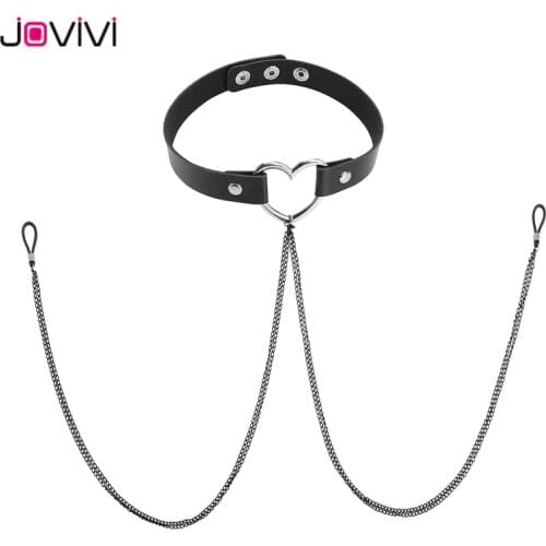 Jovivi 1x Leather Noose Fake Nipple Rings Choker Silicone Non Piercing Adjustable Nipple Chain Body Piercing Jewelry Black